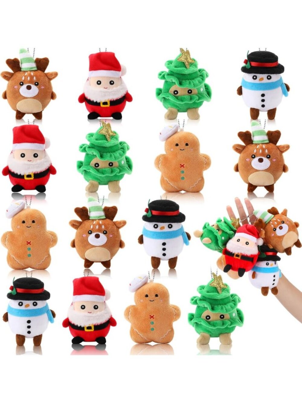 15 Pcs Mini Christmas Plush Toys - Snowman, Santa, Elk & Gingerbread Keychains